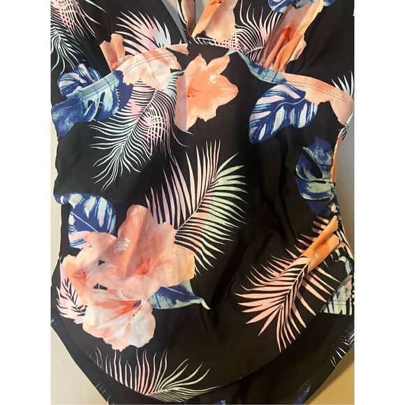 DKNY Women’s Size Large One Piece Tummy Control Halter Swimsuit Black Floral - Picture 5 of 7